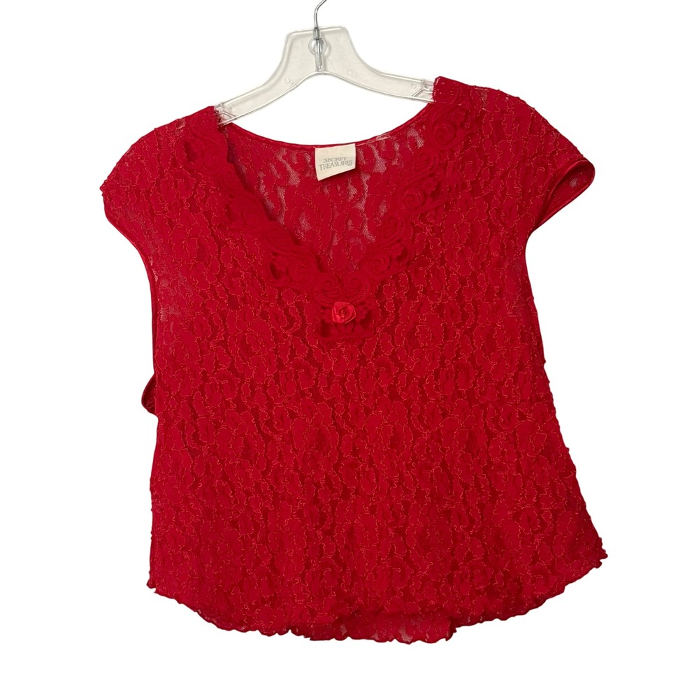 Vintage Secret Treasures 90s Y2K Babydoll Top Red Floral Lace Sheer Cap Sleeve